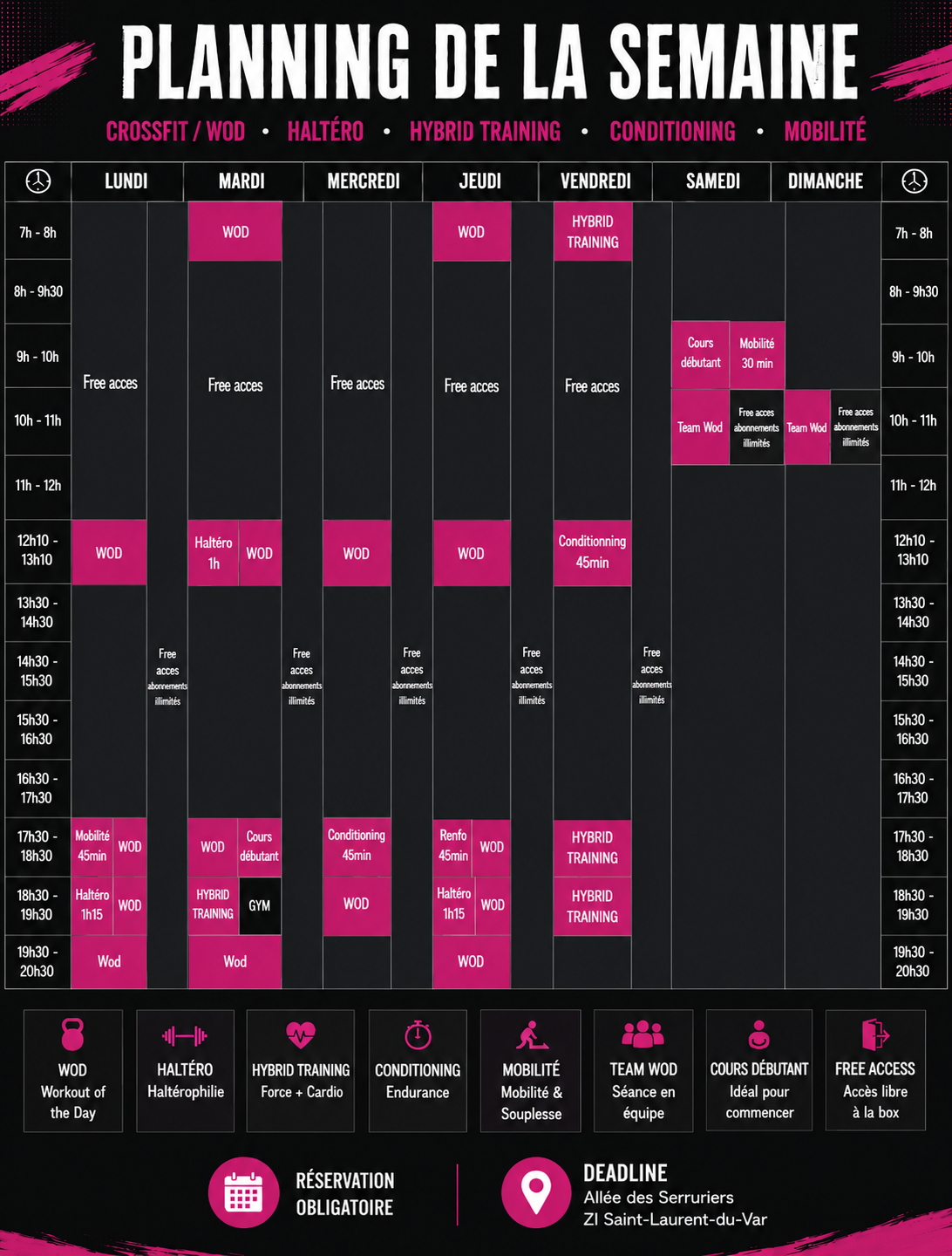 Planning des cours CrossFit Deadline